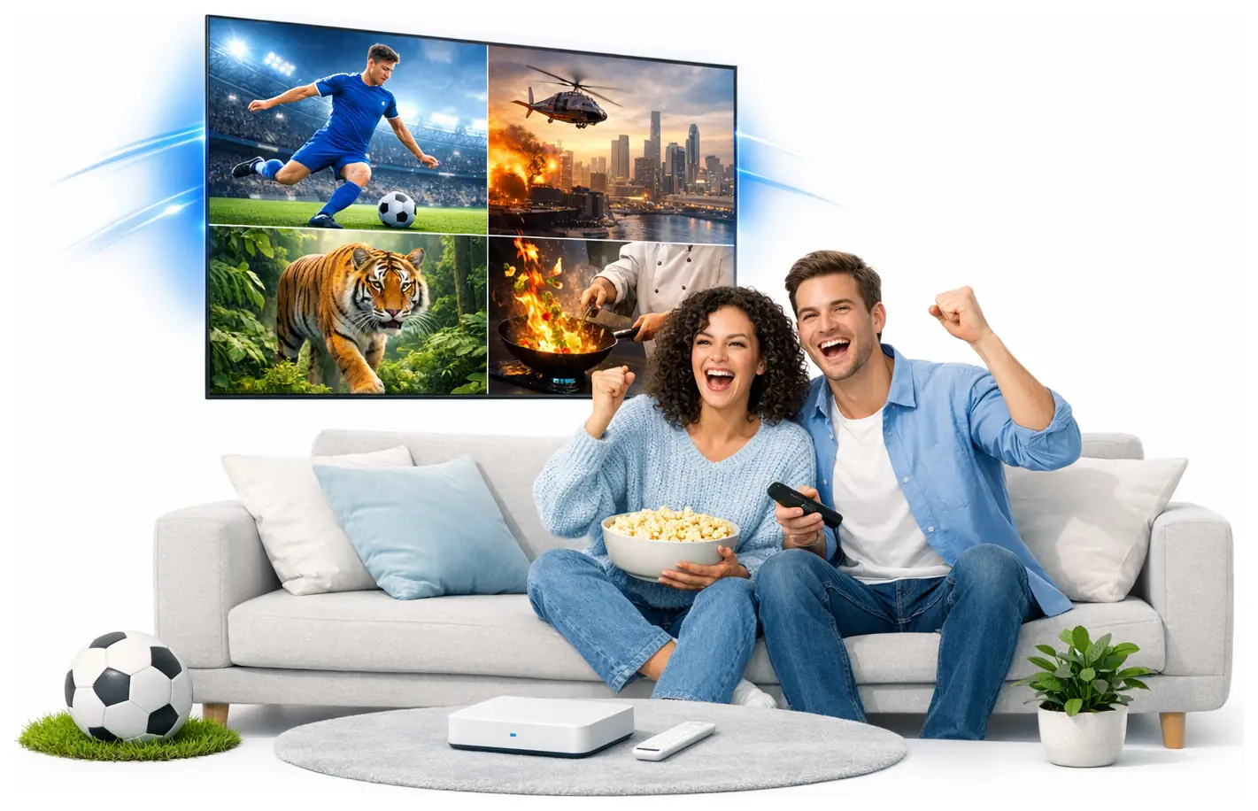 A couple cheering on a sofa in front of a TV showing football, an action film, a wildlife documentary and a cooking show, with a streaming box on the rug