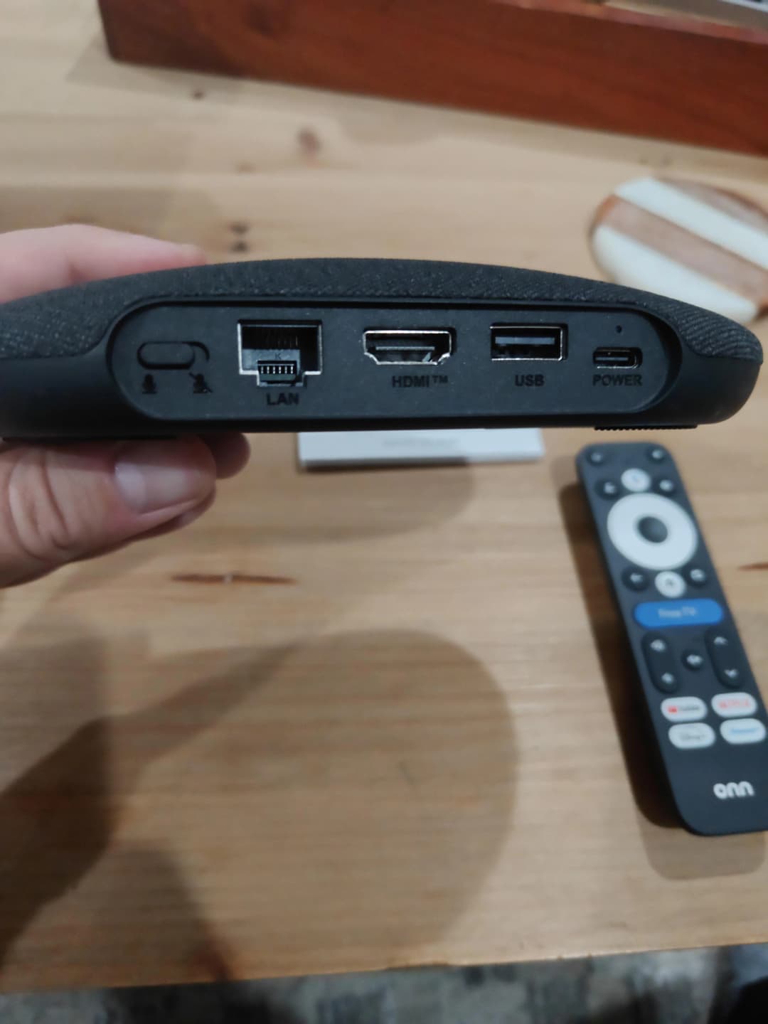 ONN 4K Pro side ports — LAN ethernet, HDMI, USB-A and USB-C power